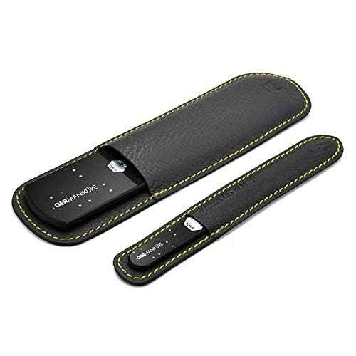 GERMANIKURE Black Glass Nail File & Pedicure Bar Set in Leather Sleeves - Ethically Made in Czech Republic - Professional Manicure & Pedicure Kit for Fingernail Care, Foot Callous & Dry Skin Removal