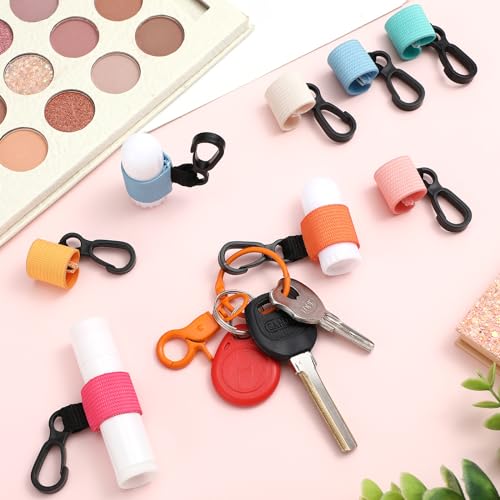 24 Pcs Bulk Mini Lip Balm Holders Elastic Lip Gloss Holders Keychain Lipstick Sleeves Portable Clip on for Lipsticks Keys Purse Lanyard
