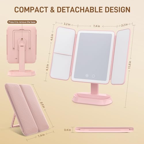 FRANO Pink Rechargeable Trifold Makeup Mirror with Lights, 1X/3X/5X Magnification, Portable Vanity with Dimmable LED for Travel & Desk