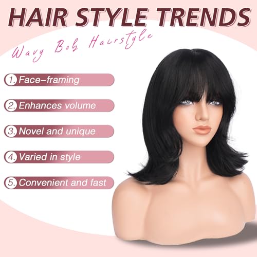 Black Short Bob Wig with Bangs 14 Inch Shoulder Length