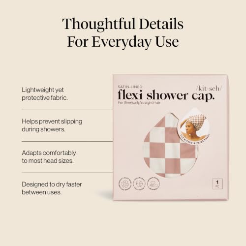 Kitsch Reusable Satin-Lined Flexi Shower Cap - Terracotta Checker