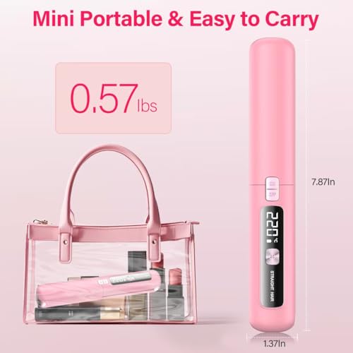 Prettrans Cordless Hair Straightener & Curler 2 in 1 - Mini, USB Rechargeable, Fast Heating, Portable Ceramic Flat Iron (Pink)