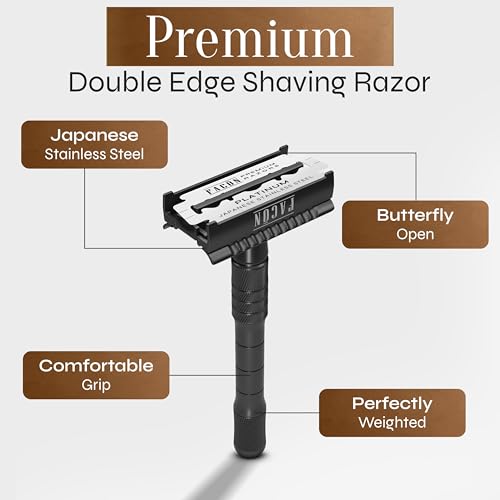 Fac?n Double Edge Safety Razor for Men & Women - Butterfly Open Stainless Steel Razor w/ 50 Platinum Double Edge Safety Razor Blades, Single Blade Razor for Smooth Close Shave, Reusable & Eco-Friendly