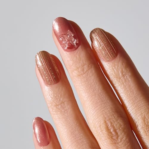 ohora Semi Cured Gel Nail Strips N Rosy Bow with Gold Glitter Line - Easy Application & Long Wear