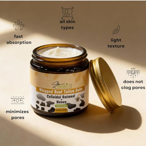 Shea Organics Whipped Beef Tallow Balm for Face & Body | 100% Grass-Fed Tallow with Colloidal Oatmeal & Honey | Unscented Moisturizer for Sensitive, Eczema-Prone & Rosacea-Prone Skin | 4.23 oz