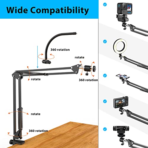 Pozliv Black Overhead Camera Mount with Ring Light & Flexible Phone Arm for Live Streaming & Recording