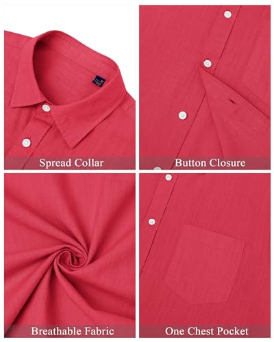 J.VER Men's Lightweight Linen Short Sleeve Shirts Casual Button Down Shirt Family Vacation Shirt with Pocket Red Medium