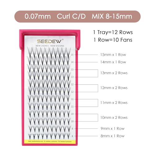 Premade 7D Lash Extensions, Butterfly Bloom 0.07mm C Curl MIX8-15mm 12 Rows/Tray 120 Pieces, Soft Lightweight Eyelashes Grafting for Lash Artists, Beauty Salon(Matte Black-0.07-C-MIX8-15mm)52