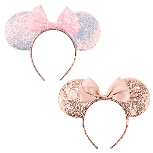 DRESHOW Mouse Ears Headband with Sequin Bow – 2-Pack