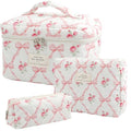 Large Quilted Makeup Bag Set for Women & Girls - Floral Cotton Cosmetic Organizer, Travel Toiletry Bags with Bows