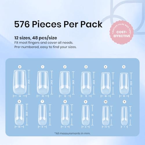 Beetles Medium Square Gel Nail Tips - 576 Pcs, 12 Sizes, Pre-Etched