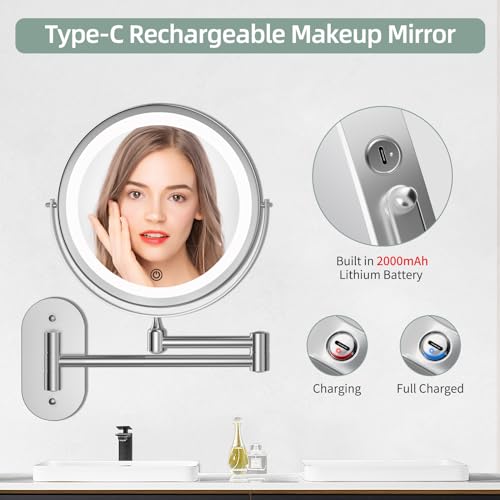 Rechargeable Wall Mounted Lighted Makeup Vanity Mirror 8 inch 1X/20X Magnifying Bathroom Mirror with 3 Color Lights, Double Sided with Dimmable LED Lights, Extended Arm 360¡Æ Swivel Extension Mirror