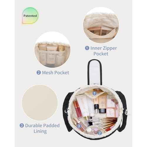 Narwey Christmas Gifts Barrel Drawstring Makeup Bag, Large Quilted Puffer Cosmetic Bag, Puffy Make Up Bags, Travel Toiletry Bags for Women Toiletries Organizer, Teen Girl Gifts (Black) (Patent)