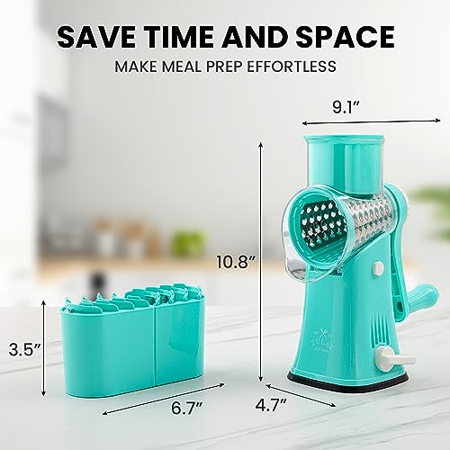 Zulay Rotary Cheese Grater 5 Blade Cheese Shredder - Manual Hand Crank Cheese Grater With Reinforced Suction & 5 Interchangeable Drums - Easy to Use Vegetable Chopper - Calm Teal