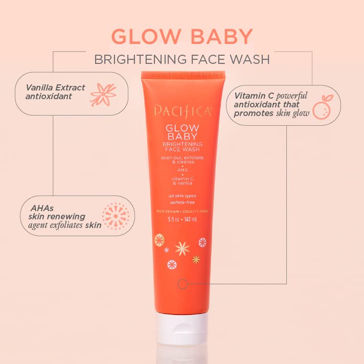 Pacifica Beauty Glow Baby VitaGlow Face Lotion and Brightening Face Wash Set, Skincare, Vitamin C and E, AHA, Exfoliator, Cleanser, Hydrating, Moisturizer, Vegan, 1.7 fl oz and 5 fl oz (Set of 2)