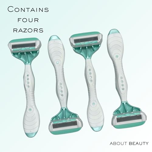 About Beauty Spa Shave 4 Blade Disposable Razors, Includes 4 Disposable Shavers, Adjust to Curves for a Close Shave, Skin-Soothing Coconut Oil Moisture Pad Gently Glides Along Skin