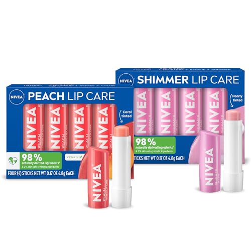 NIVEA Peach Lip Care (4 x 0.17 oz Stick) + NIVEA Shimmer Lip Care (4 x 0.17 oz Stick), Lip Balm Set with Shea Butter, Nourishing Oils and Vitamin C & E