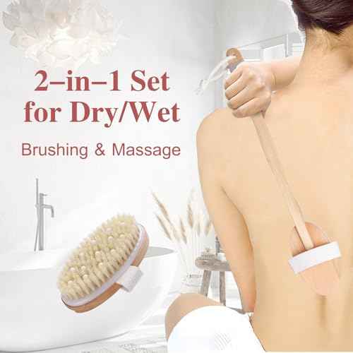 Dry Brushing Body Brush - Natural Bristle Dry Brush Set with 2 Detachable Heads, Wooden Long Handle Dry Body Brush for Lymphatic Drainage, Exfoliating and Cellulite Treatment