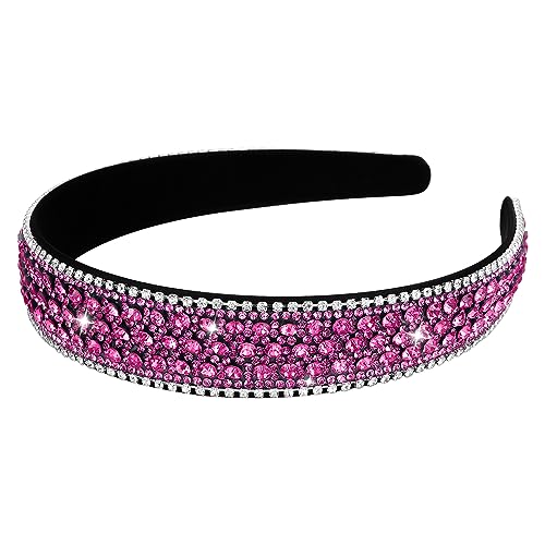 Wecoe Hot Pink Rhinestone Headband - Bling Sparkly Crystal Diamond Thin Hair Band for Women, Girls, Holiday, Birthday Gift