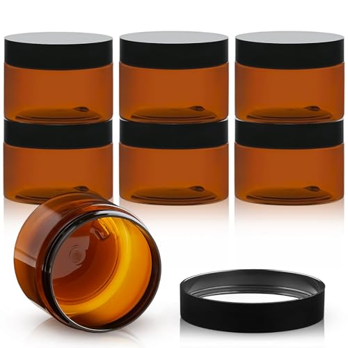 TUZAZO 4oz Amber Plastic Cosmetic Jars Leak-Proof Pack of 6 with Lids & Labels