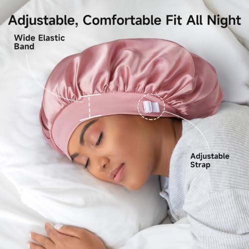 Umisleep Pink Silk Bonnet for Sleeping Women - 22 Momme Double Layer, Adjustable Fit