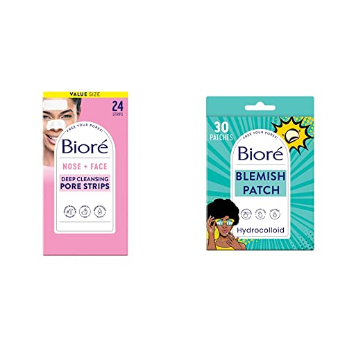 Biore Bundle of Bior? Blackhead Remover Pore Strips, 12 Nose + 12 Face Strips for Chin or Forehead, Instant Blackhead Removal, 24 Ct Value Size Pimple Patches, Ultra-Thin Hydrocolloid, 30 count