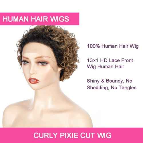 QUEEN VIRGIN REMY QVR Pixie Cut Wig 13x1 Short Curly Lace Front Human Hair HD Lace Pixie Human Hair Wigs for Black Women Glueless Wigs Ombre Honey Blonde T1B/27 Color