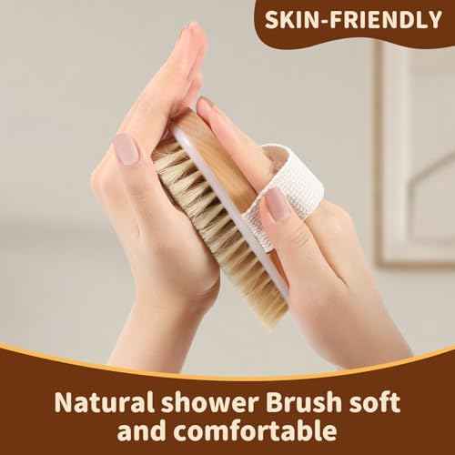 4 Pack Dry Body Brushing Brushes, Natural Bristle Exfoliating Scrub Brushes with Massage Nodes for Lymphatic Drainage, Skin Firming, Acne Treatment, and Cellulite Reduction