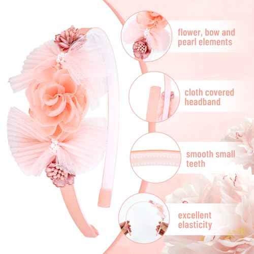 5 Pieces Pink Ivory Chiffon Flower Plasitc Headbands Floral Hair Bands Hoops Accessories for Baby Girls Toddlers Kids Teens