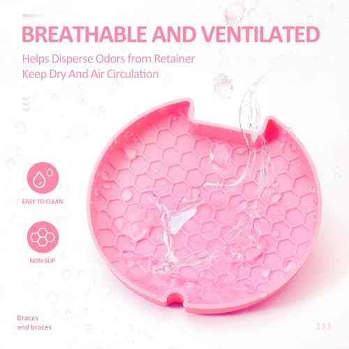 Retainer Case Slim Aligner Case with Vent Holes Removable Inner Tray Silicone for Easy Cleaning, Retainer Removal Tool and Brush (Opaque Pink)
