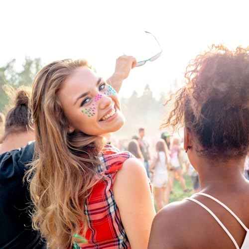 Holographic Glitter Freckles Face Tattoo 8 Pcs Waterproof Temporary Face Sparkle Patches for Women, Face Glitter Makeup Freckles Mix of Mermaid Scales Hearts Speckles Stars Dots, Cool Party Supplies