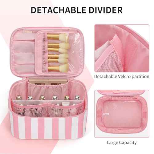 OCHEAL Makeup Bag,Travel Makeup Organizer Bag, Large Capacity Cosmetic Bags For Women Large Travel Toiletry Bag Girls Traveling With Brush Slot And Divider-Stripes Pink