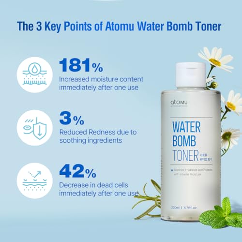 Atomu Water Bomb Toner, Moisturizing Soothing Mildly Acid Toner, Hypoallergenic, Exfoliating, Hydration Boost (6.76 fl.oz.)