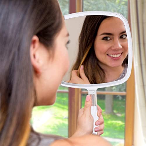 Large Hand Mirror with Comfy Handle - No Distortion White Portable Handheld Mirror (White) & 20X & 10X Magnifying Mirror Set with 3 Suction Cups Each - Compact & Travel Ready Mirror for Makeup Bundle