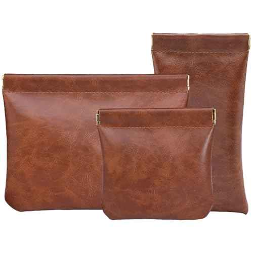 3PCS Pouchic Snap Closure Pouches, Pu Leather Small Makeup Bag for Purse Mini Cosmetic Bags for Travel Makeup Pouch Purse for Women Three Sizes Coin Purses Organizer Storage Pouch(Brown)