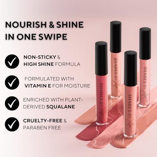 Shades By Shan Lip Gloss, High Shine Non-Sticky Formula, Anti-Aging with Squalane and Vitamin E, Pink (Shanpagne, Full Size)