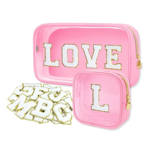 2PCS Personalized Makeup Preppy Bag Set, 2PCS Toiletry Bag & 26 Chenille Letters, Clear Makeup Pouch, Birthday Gifts for Girls (Pink)