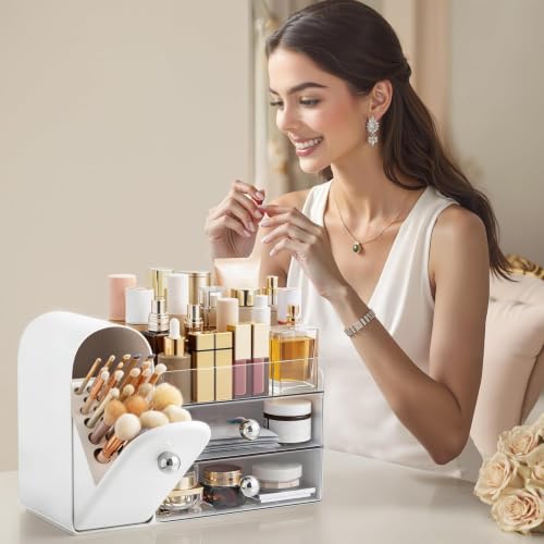 HBlife Large White Silver Makeup Organizer with Drawers & Brush Holder