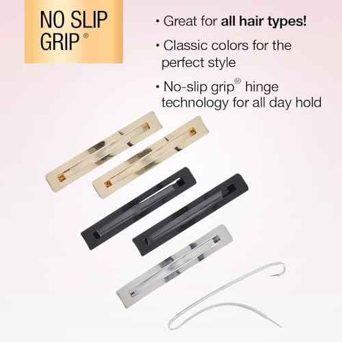 Scunci by Conair No-Slip Grip Stay Tight Barrettes - hair barrettes for women - hair accessories for women - hair clips - Gold, Black and Silver - 6 Count
