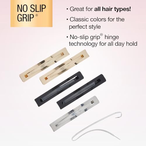 Conair Scunci No-Slip Grip Stay Tight Hair Barrettes - 6 Pack in Gold, Black & Silver