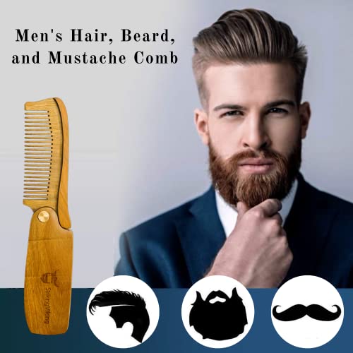 Pocket Sized Wooden Beard Comb & Mustache Comb with Fine & Coarse Teeth - Perfect for Use with Balms and Oils (Folding Comb Small)