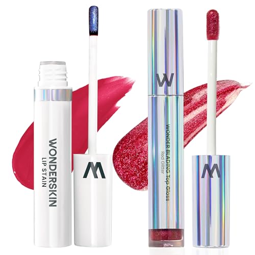 Wonderskin Wonder Blading Lip Stain Peel Off Masque - Long Lasting, Waterproof (First Kiss) with Top Gloss - Red Glitter Lip Gloss, Hydrating and High Shine Finish