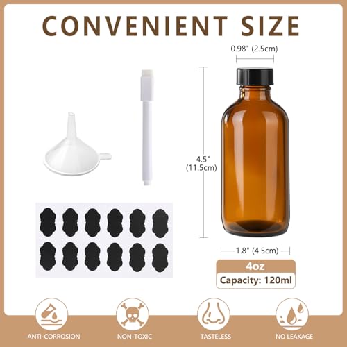 24 Pack 4 oz Amber Boston Glass Bottles with Black Caps for Homemade Extracts