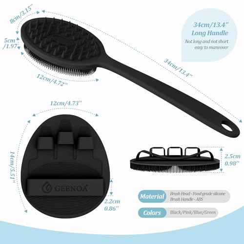Silicone Back Scrubber & Bath Glove Set 2PCS, 13.4'' Gentle Shower Back Scrubber with Dual-Side Head Non-Slip Handle, 360¡Æ Anti-Slip Hand-fit Bath Glove for Rich Foaming Deep Cleaning(Black)