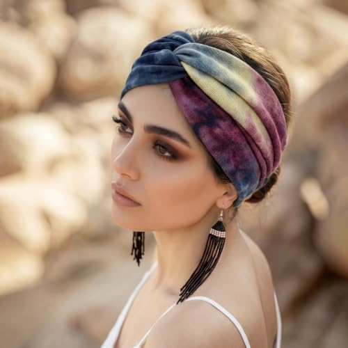 Extra Wide No Slip Boho Turban Headbands for Women - Elastic Hairband, Pack of 8