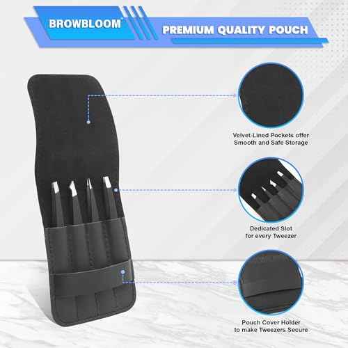 4Piece Set of Professional Tweezers for Women Facial Hair, Black Stainless Steel Precision Tweezer for Ingrown Hair, Eyebrow Tweezers for Men Comes in Carrying Pouch (Black Set)