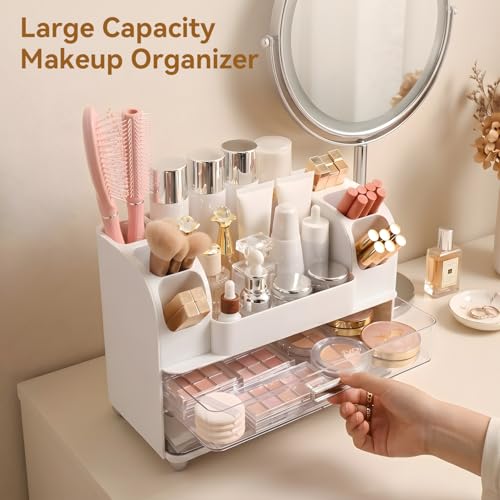 Makeup Organizer with 2 Drawers & 6 Brush Holders | White