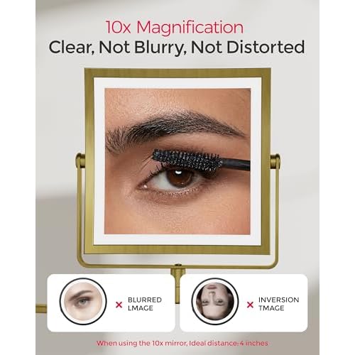 Rechargeable Wall Mounted Makeup Mirror with Lights, 4000mAh Double Sided 1X/10X Magnifying Vanity Mirror with 3 Color Lights, Touch Dimmable, 360¡Æ Extension Foldable Arm (Antique Brass)