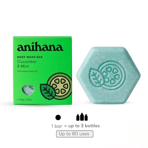 ANIHANA Body Wash Bar with Coconut Oil and Hemp Seed Oil, Soap Free, Moisturizing, Gentle, Soft Skin Care, Refreshing Cucumber & Mint Scent 2.8 Oz