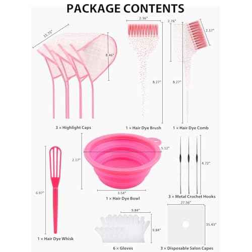 19PCS Hair Bleach Highlighting Kit with Hair Dye Brush and Bowl Set Color Whisk, Highlight Frosting Cap with Hook, Disposable Gloves Capes, Home Use Salon Tools for Hair Bleaching Coloring Dying